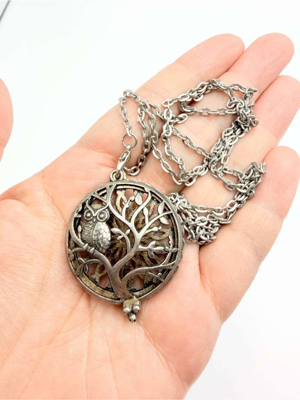 Vintage Owl Tree Aromatherapy Locket Pendant Necklace Silver Tone
